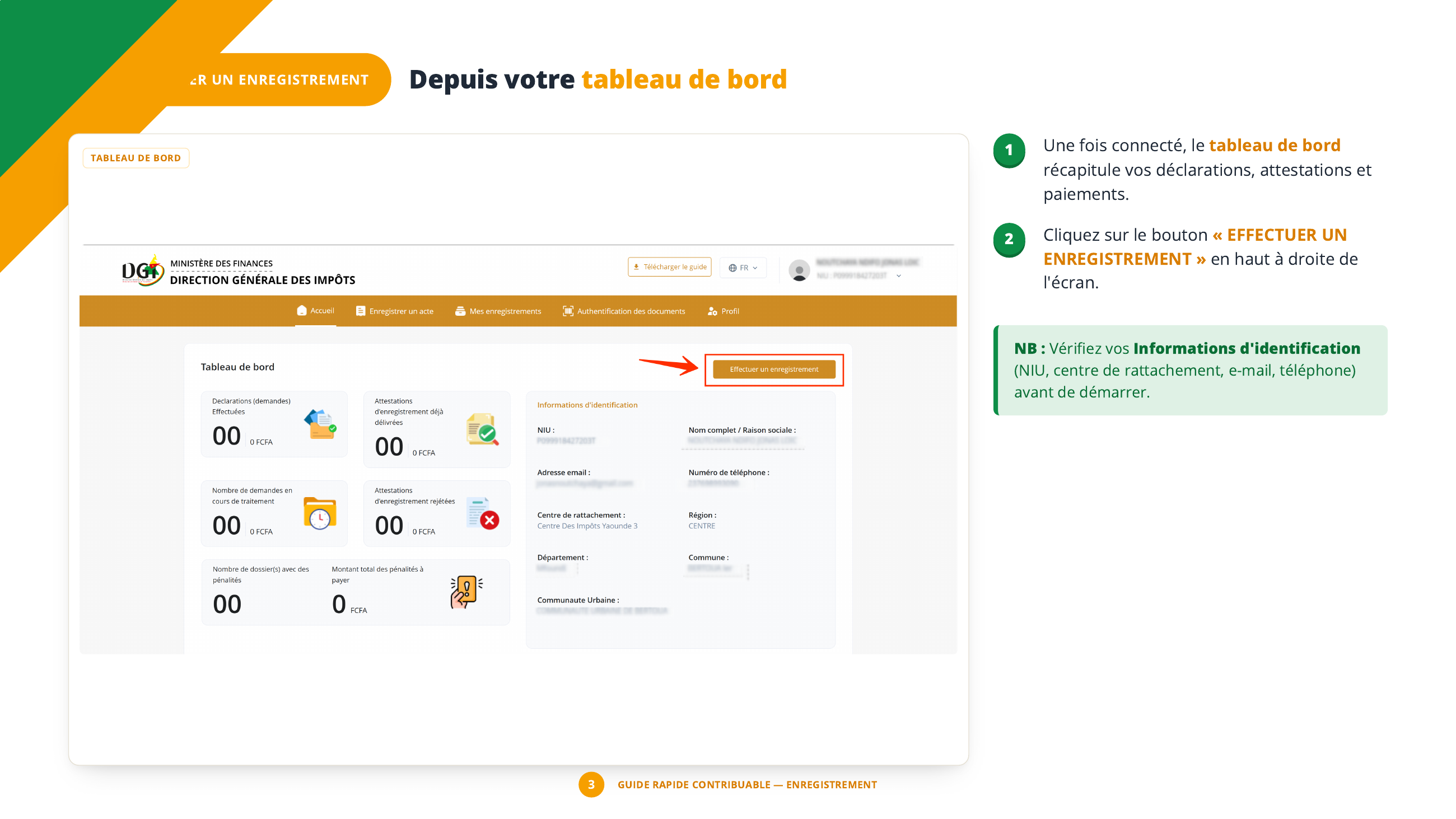 Tableau de bord — récapitulatif des déclarations, attestations délivrées et paiements.