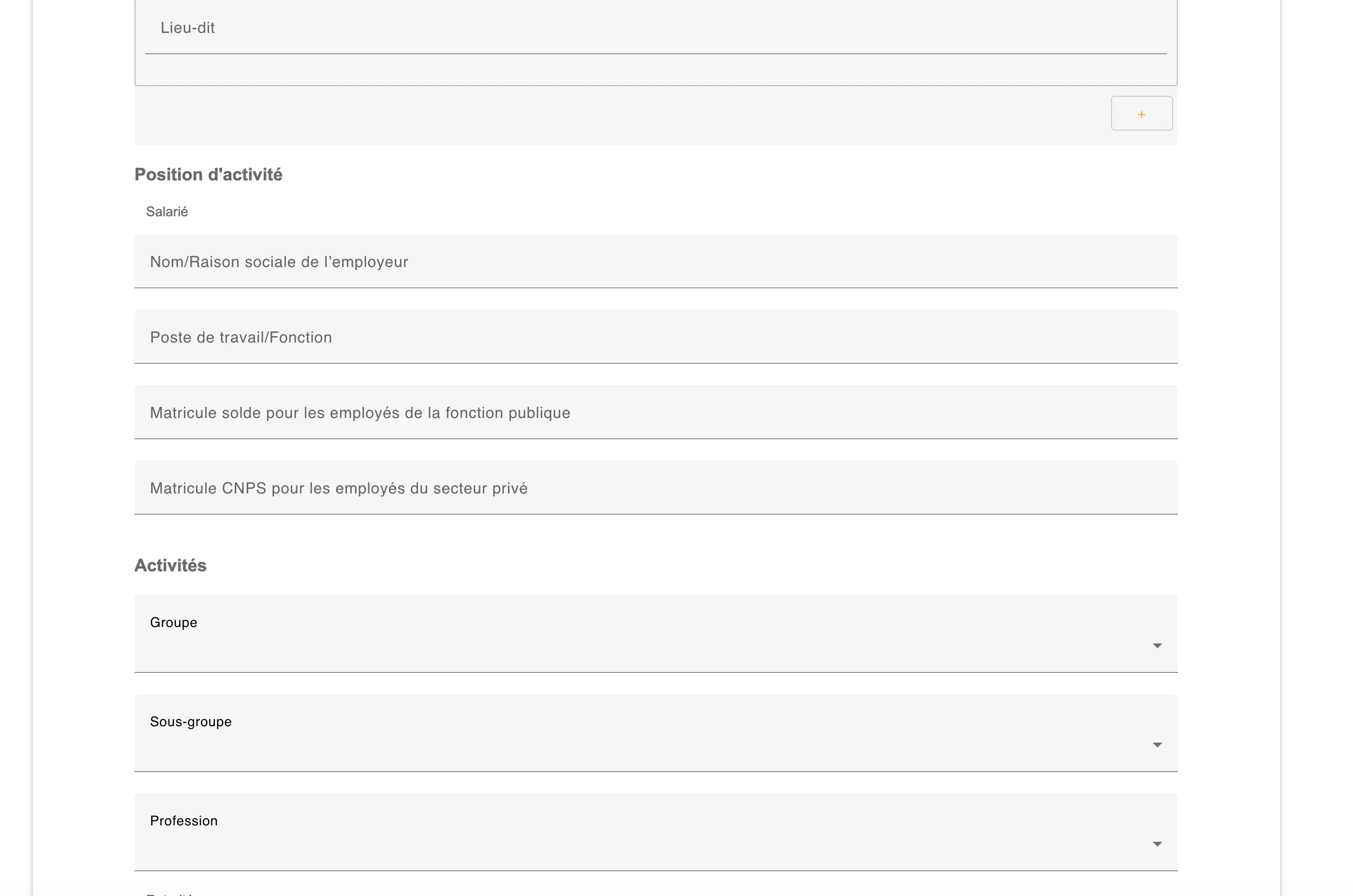 Formulaire — position d'activité salarié, activités groupe sous-groupe profession