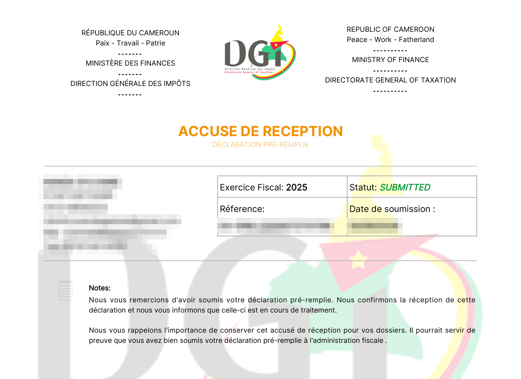 Exemple anonymisé d’un accusé de réception de déclaration pré-remplie (DPR) livré par LeFisk (informations personnelles floutées)