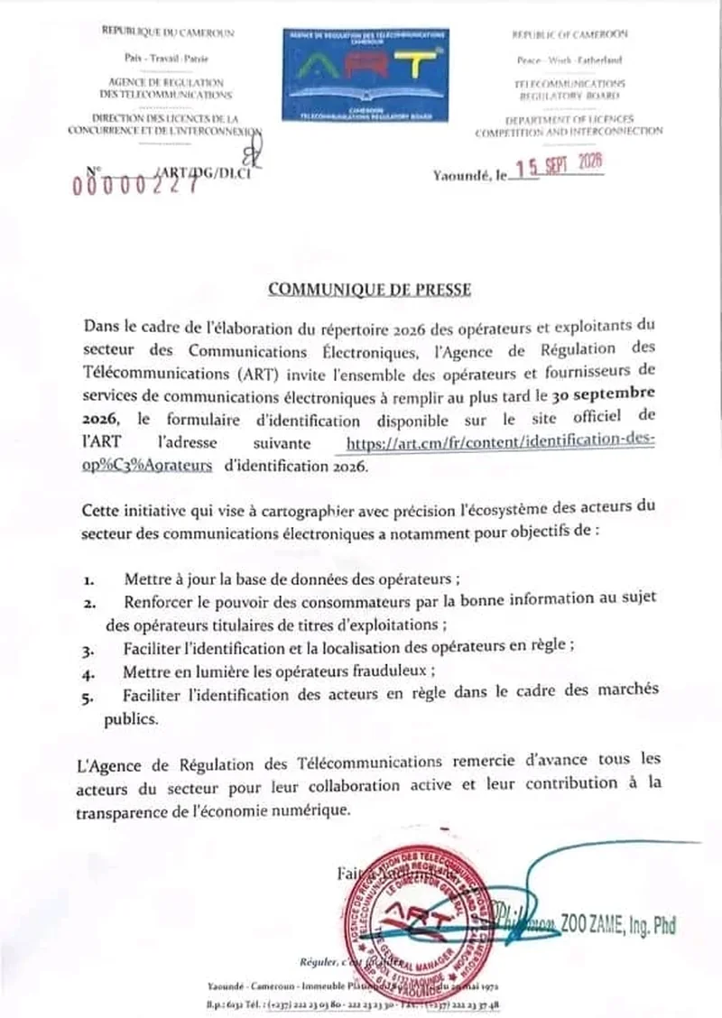 Répertoire 2026 de l'ART : tous les opérateurs de communications électroniques doivent s'identifier avant le 30 septembre
