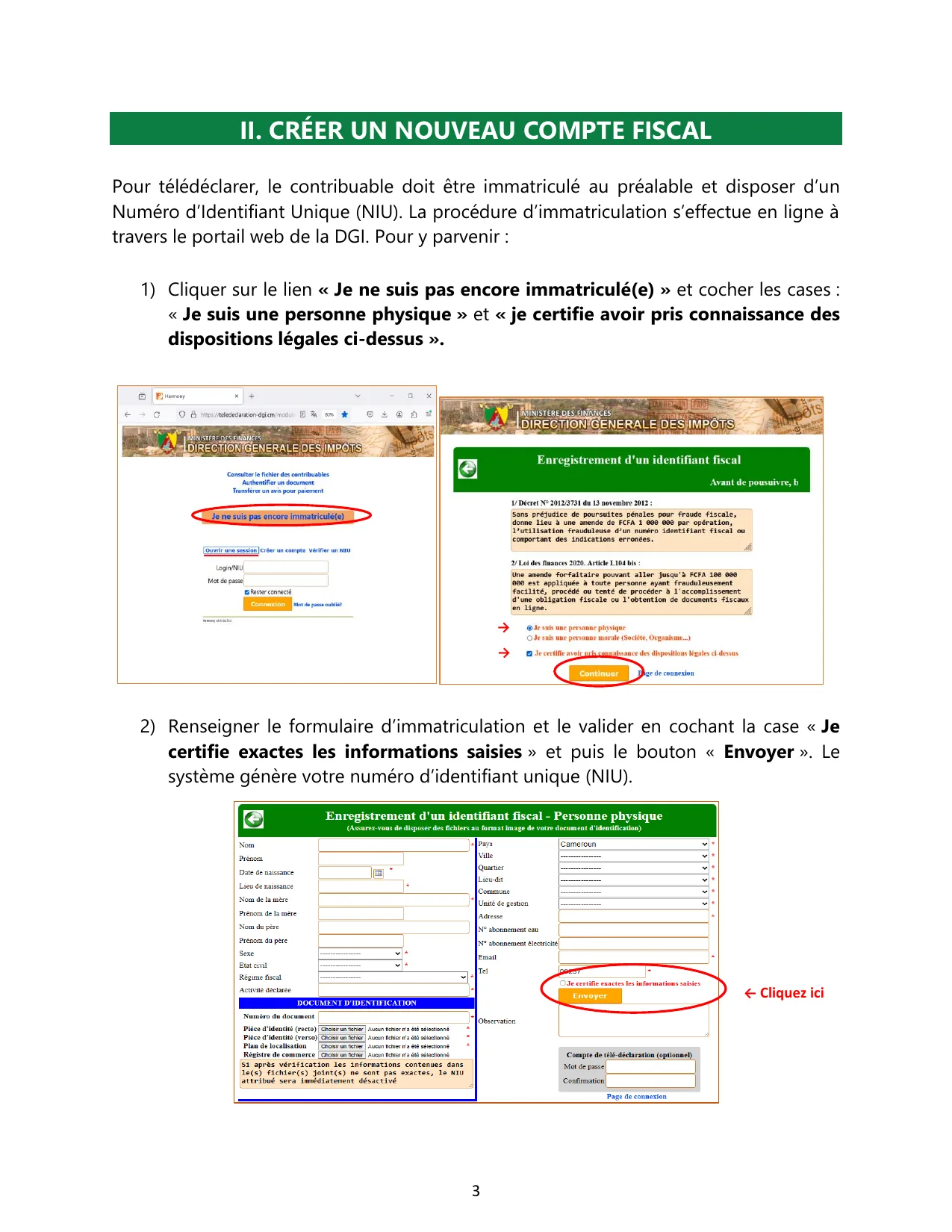 Formulaire d'immatriculation fiscale DGI Cameroun - créer un NIU en ligne sur impots.cm