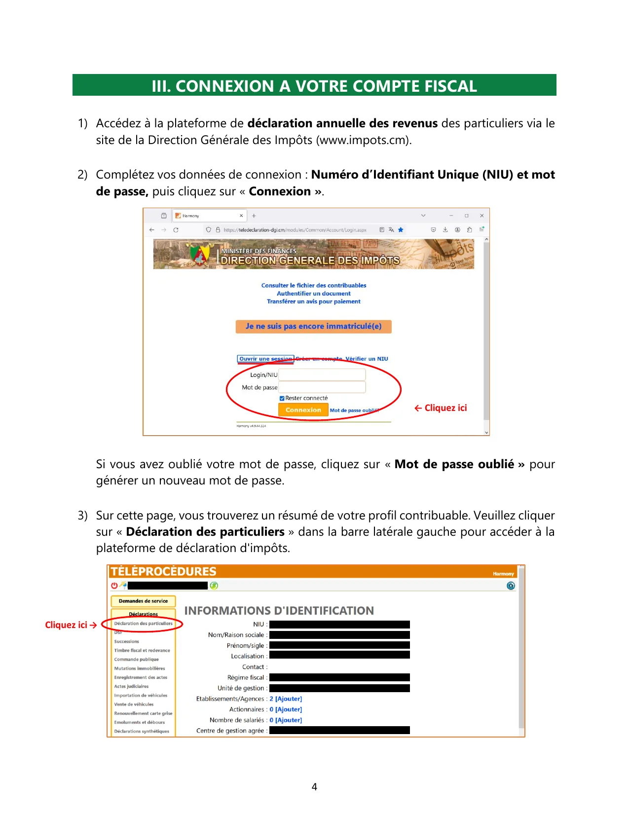 Page de connexion Harmony DGI et tableau de bord fiscal du contribuable