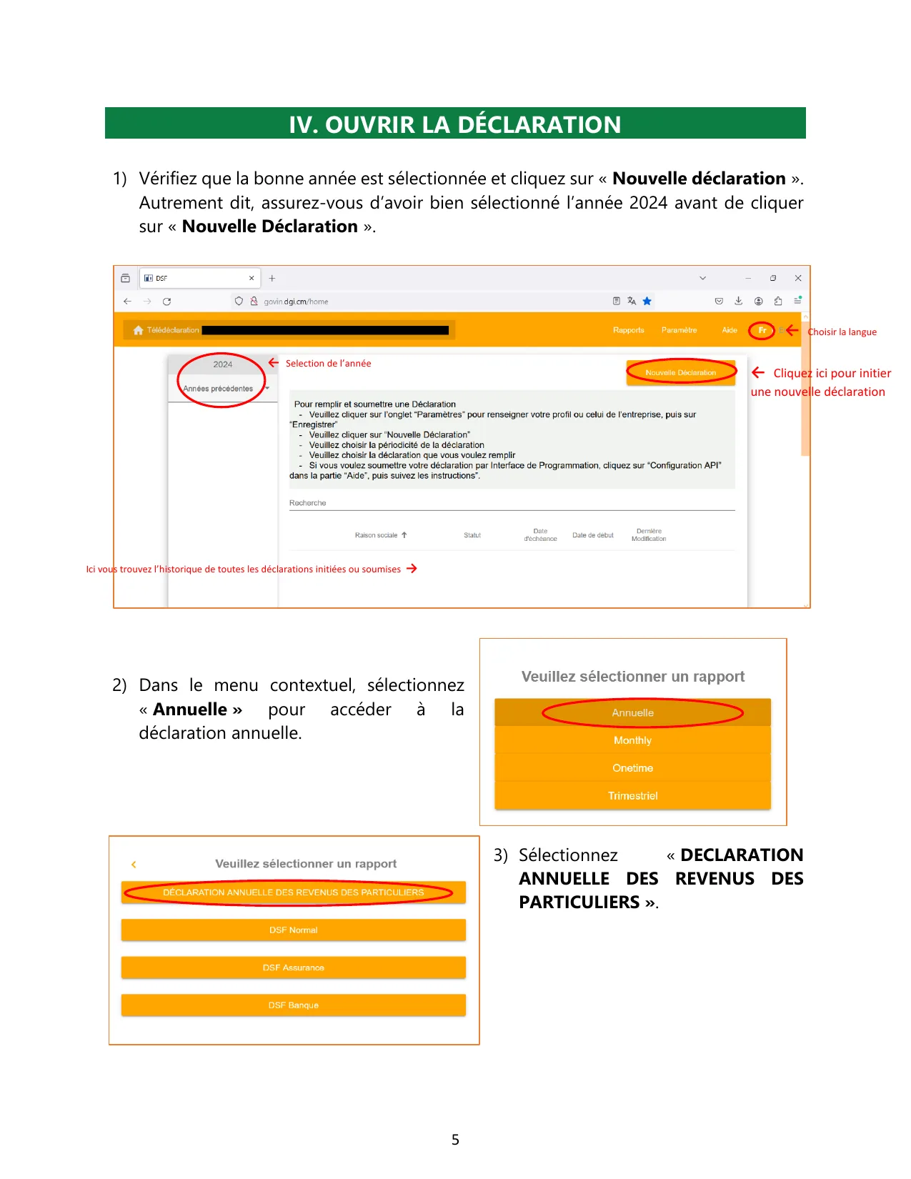 Ouverture d'une nouvelle déclaration annuelle des revenus sur le portail DGI