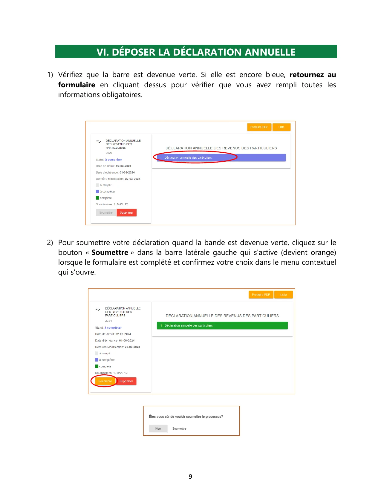 Soumettre la déclaration IRPP sur impots.cm - barre verte et bouton Soumettre actif