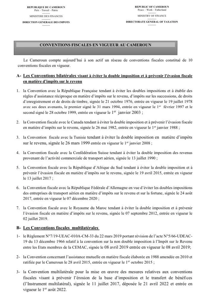 Conventions fiscales signées par le Cameroun : la liste complète vérifiée (France, Chine, Maroc, Afrique du Sud…), les taux réduits et comment en profiter