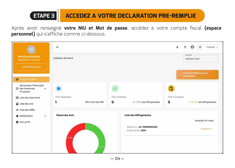 Compte fiscal personnel après connexion NIU et mot de passe