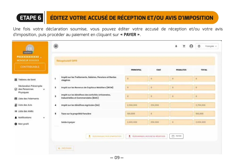 Édition de l'accusé de réception et de l'avis d'imposition puis bouton Payer