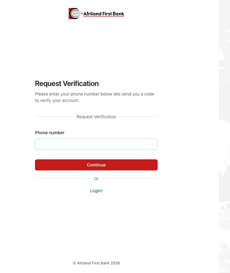 Écran Request Verification : saisir son numéro pour recevoir un code de vérification par SMS