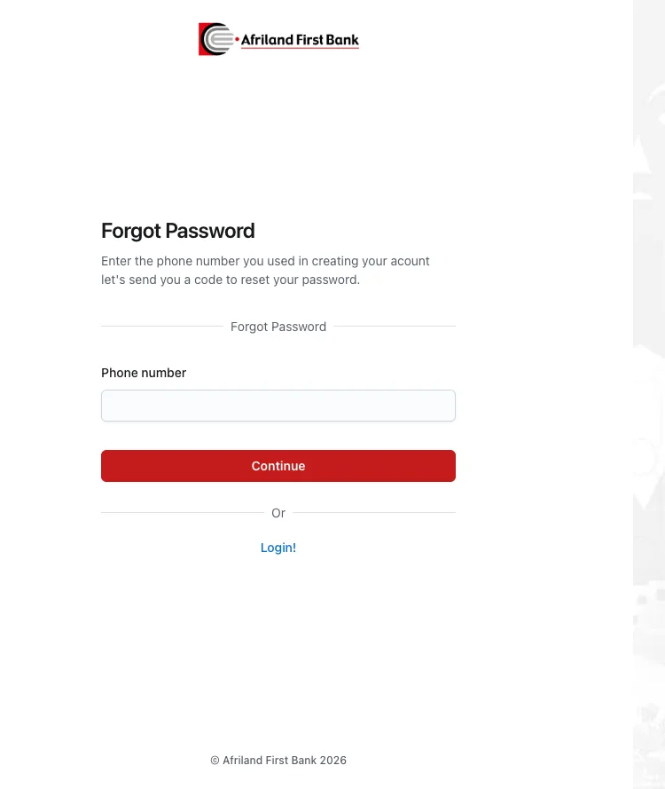Écran Forgot Password du portail GFA Afriland First Bank