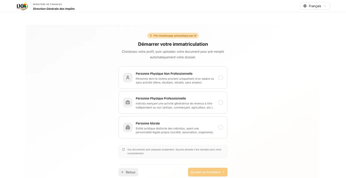 Choix du profil d'immatriculation NIU : personne physique non professionnelle, professionnelle ou personne morale, avec pré-remplissage automatique par IA
