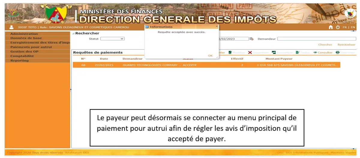 Requête de paiement acceptée : le payeur peut régler les avis d'imposition du demandeur