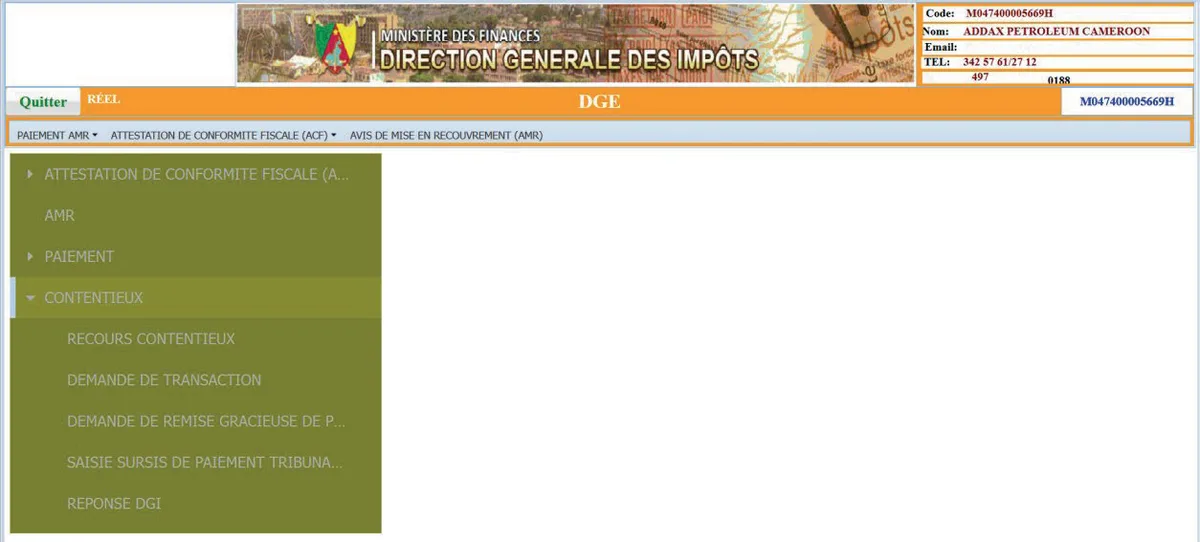 Menu Contentieux de la plateforme : recours contentieux, demande de transaction, remise gracieuse, sursis de paiement