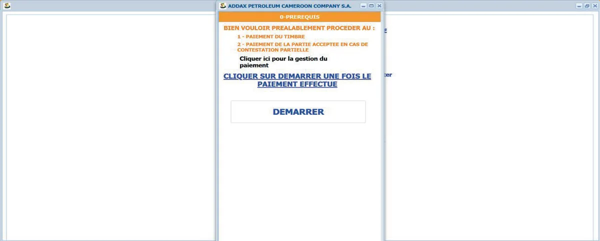 Écran prérequis : paiement du timbre et de la partie acceptée, puis bouton Démarrer